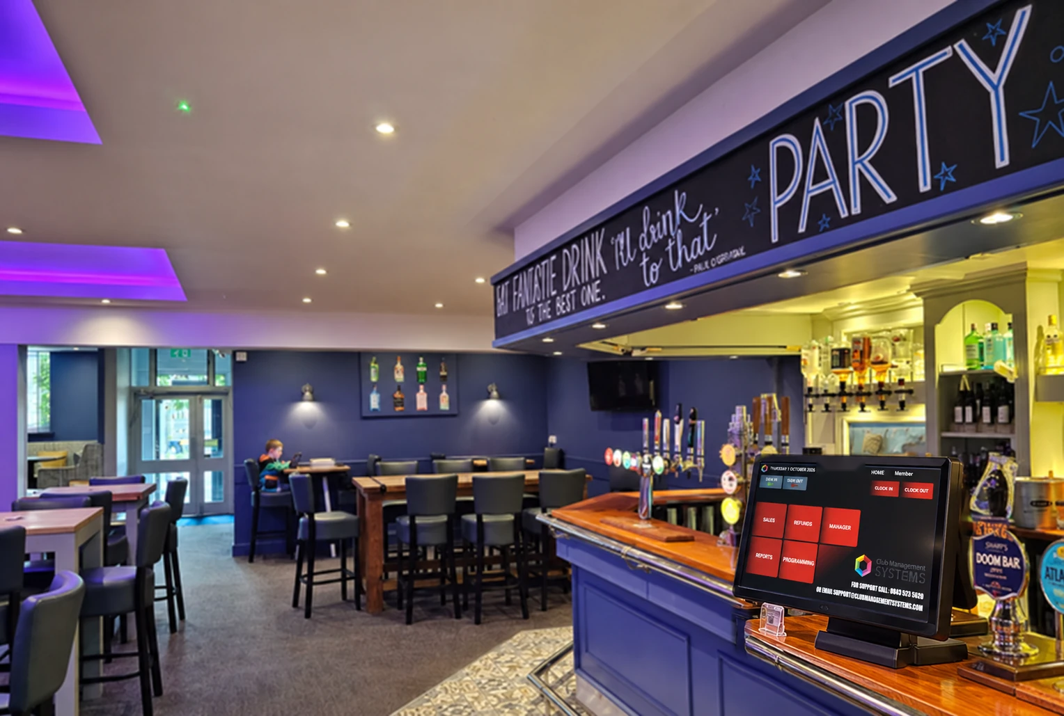 CMS EPOS installed in a purple-lit pub lounge