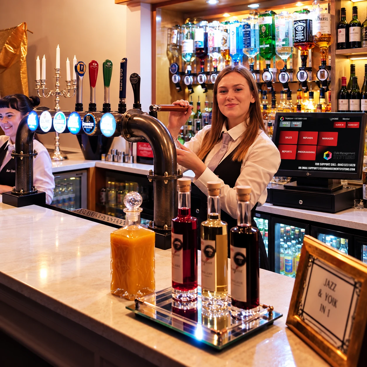 Bartenders working behind a busy bar with CMS EPOS visible