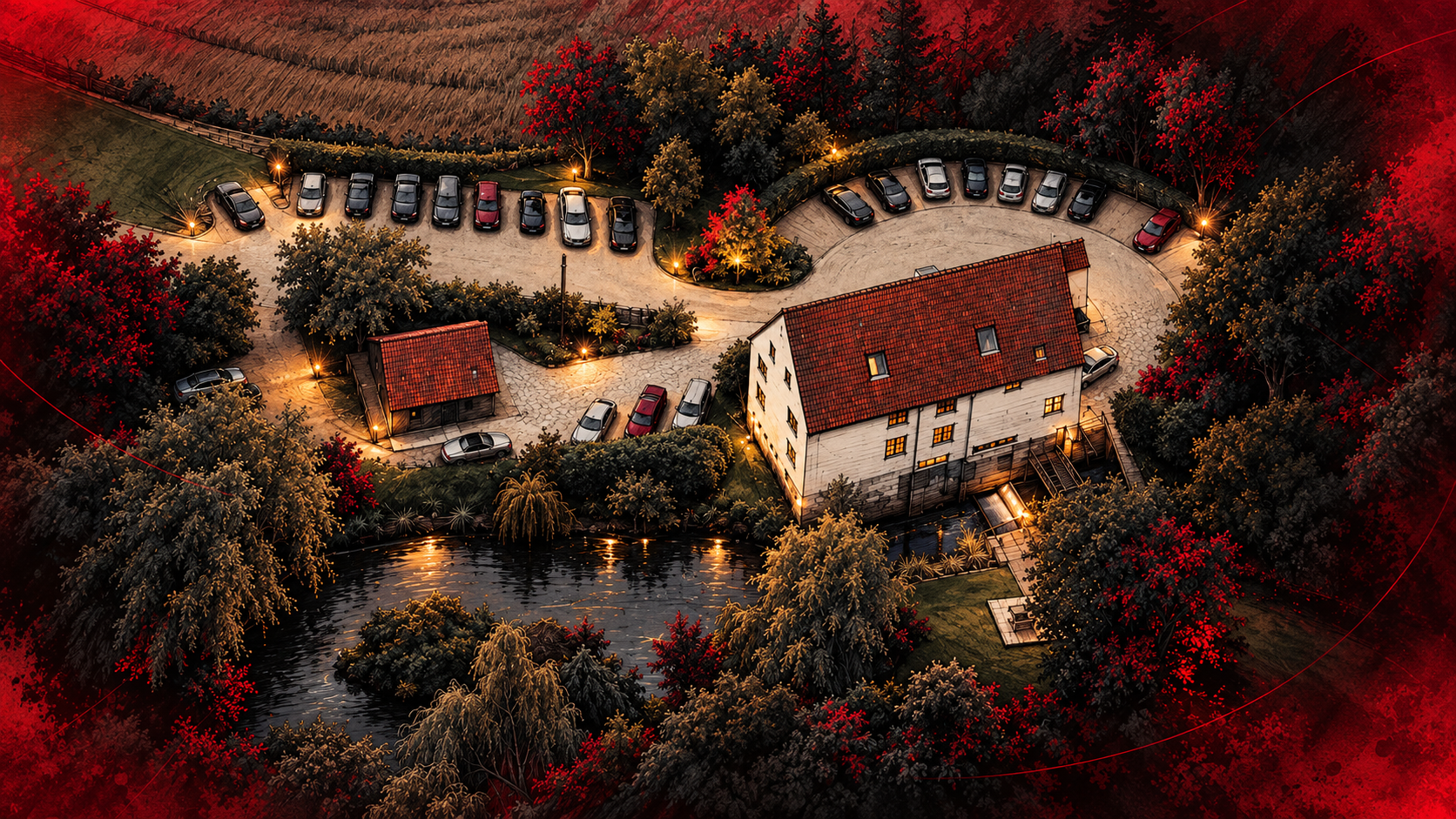 Stylised illustrated aerial view of Croxtons Mill in the CMS brand palette